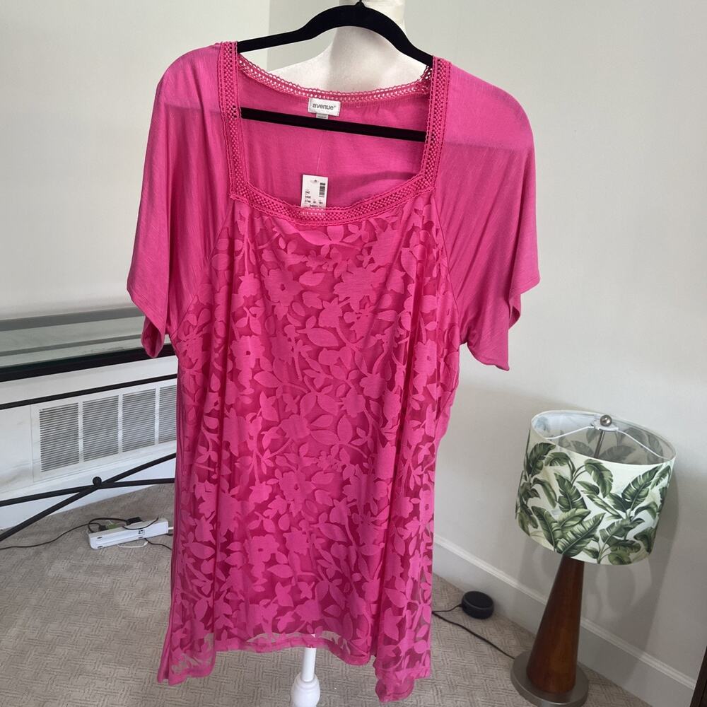 Avenue Bright Pink Women Plus 18/20 T Shirt Square Neck Short Sleeve Happy FLAW